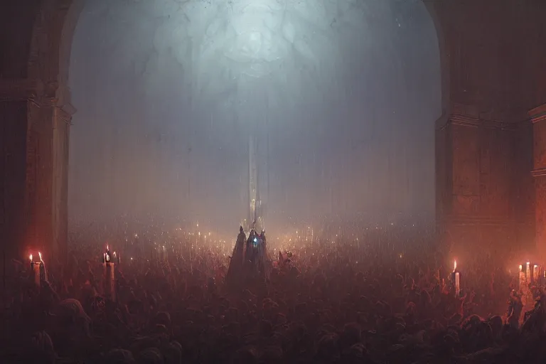 Prompt: people from cult worshipping demons, lit by candles, abandoned by gods, hyperdetailed artstation cgsociety by greg rutkowski and by Gustave Dore