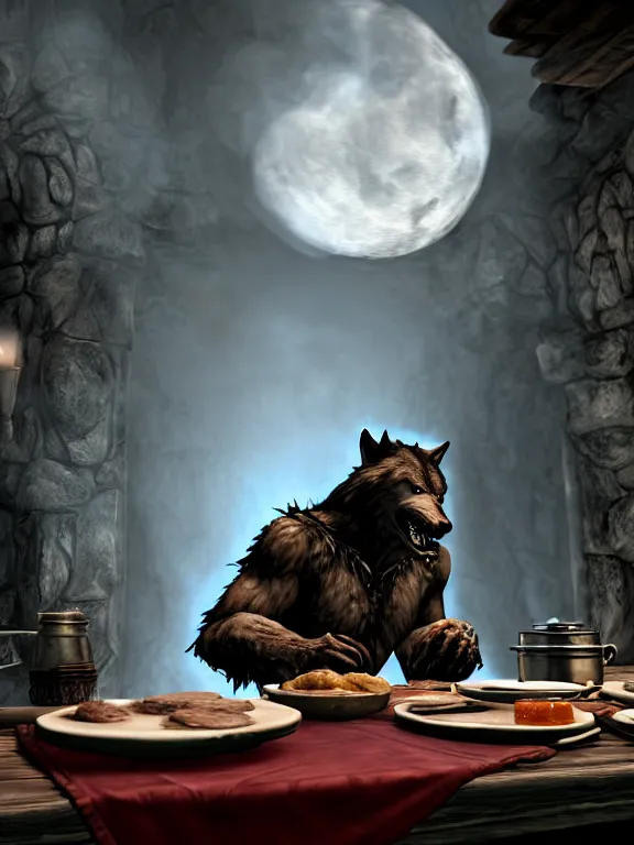 Image similar to cute handsome cuddly burly surly relaxed calm timid werewolf from van helsing sitting down at the breakfast table in the kitchen of a normal country home cooking having fun lighthearted whimsy whimsical baking strawberry tart cakes unreal engine hyperreallistic render 8k character concept art masterpiece screenshot from the video game the Elder Scrolls V: Skyrim