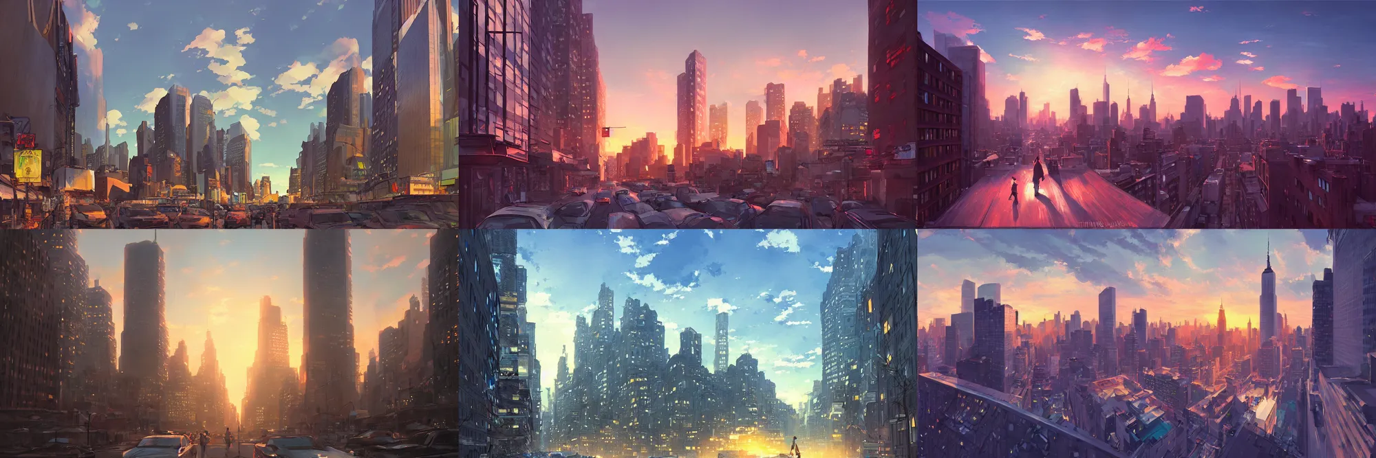 Prompt: fantasy new york city, lanscape, modern, sunset, dusk, perspective, street view, art by makoto shinkai