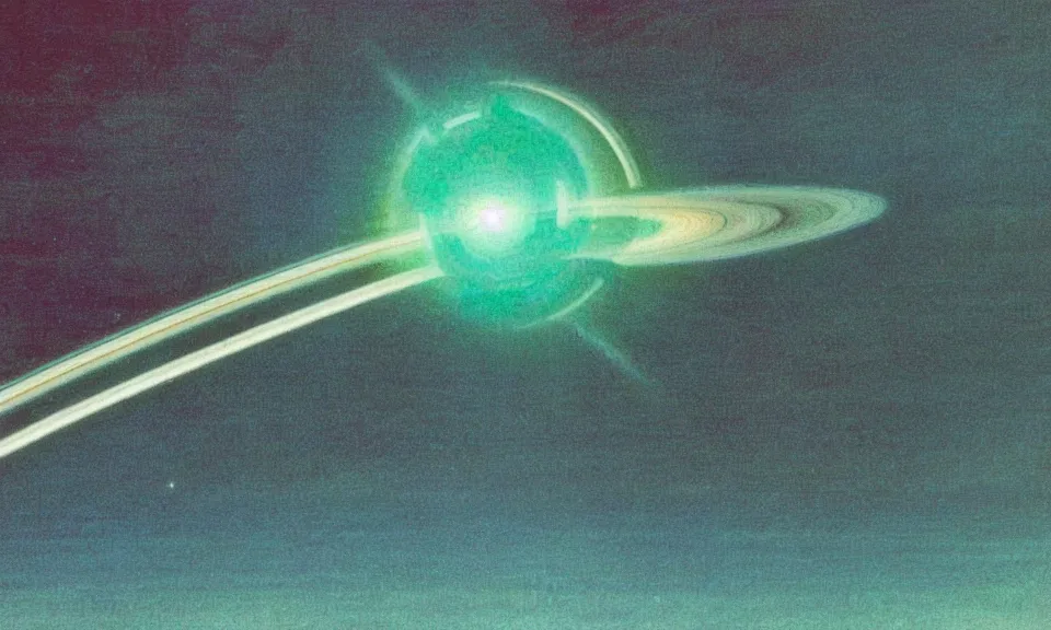 Prompt: 3 5 mm film still poster style of 7 0 s color jade green lucid vibrant concept art saturn in space