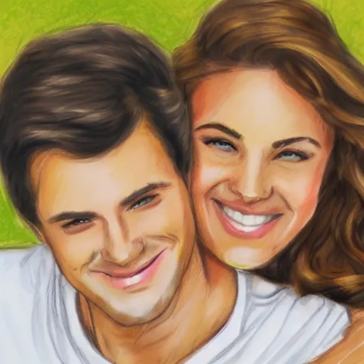 Prompt: Sketch of happy couple man with light brown hair and hazel eyes, woman with wavy dark brown hair and green eyes, done by expert sketch artist, full color.