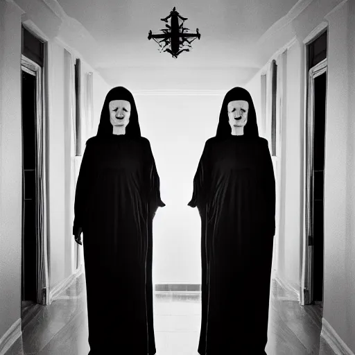 Prompt: nightmare vision, black and white, award winning photo of smiling levitating twin nuns, wearing translucent sheet, Mary in a sanctuary, mirror hallways, eerie, tall columns, frightening —width 1024 —height 1024