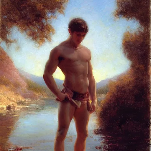 Prompt: muscular young man by the river, painting by Gaston Bussiere, Craig Mullins