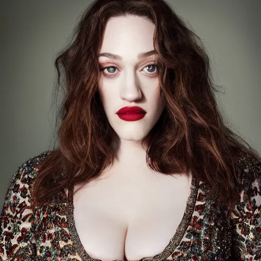 Image similar to close up of Kat Dennings face, large valentino dress in parisian luxury studio , official valentino editorial, highly detailed