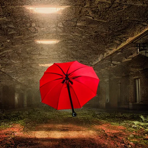 Image similar to abandoned places with a red umbrella, cinematic light,