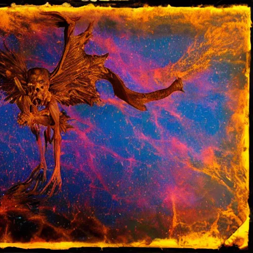 Prompt: a dying devil with tar drip wings standing in the shade of the backlit cosmic light, rich decaying bleeding colors