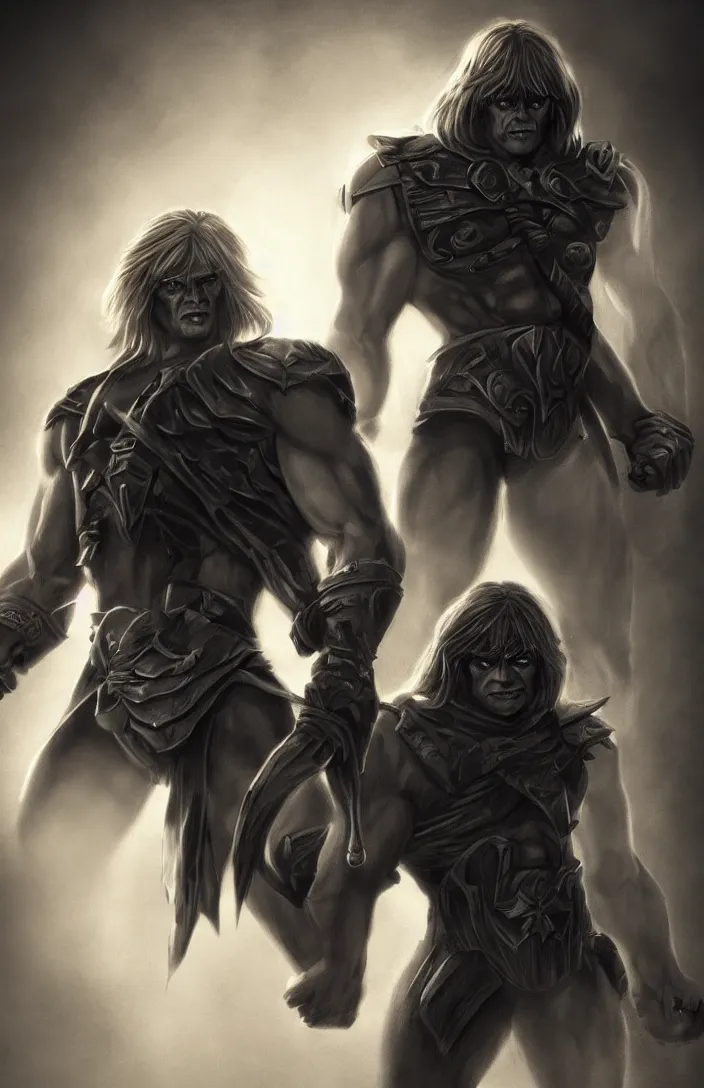 Prompt: He-Man with a dark manner, centered fullest body character pose, atmospheric, dark and mysterious, shadowy and eerie character, ominous, cinematic, photorealistic, colored ZBrush render