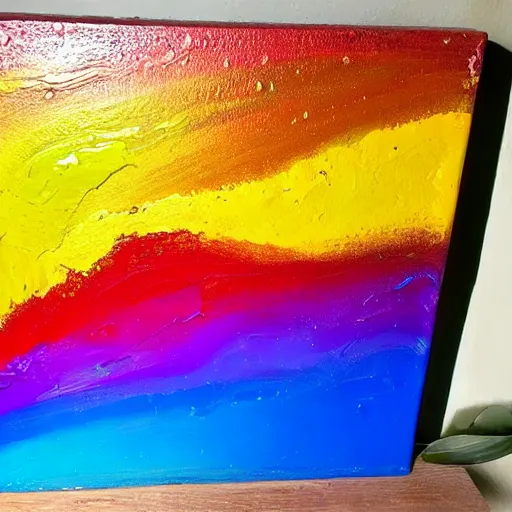 Image similar to a pour painting on canvas, rainbow colors, abstract, thick paint, chunky paint, glossy, resin coated