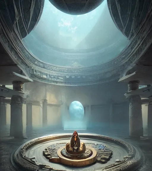 Prompt: fantasy movie scene greg rutkowski digital painting of an ornate and royal egyptian antechamber tomb, a circular pool with an erupting galaxy inside, unreal engine, hyper realism, realistic shading, ballerina, cinematic composition, blender render, octane render, hdr, detailed textures, photorealistic, ultrawide shot, 3 5 mm film