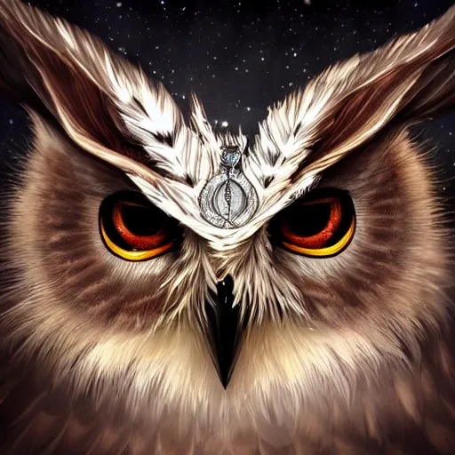 Image similar to detailed portrait of a magical owl, wearing a diamond crown, glowing feathers, digital art, realistic, dnd, character design, artstation