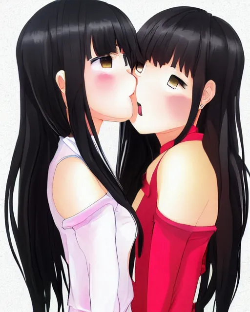 Image similar to portrait of two girls kissing, anime, trending on Artstation