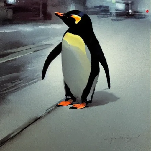 Image similar to a highly detailed beautiful portrait of a beautiful penguin crossing the road by yoji shinkawa, by gregory manchess, james gurney, james jean