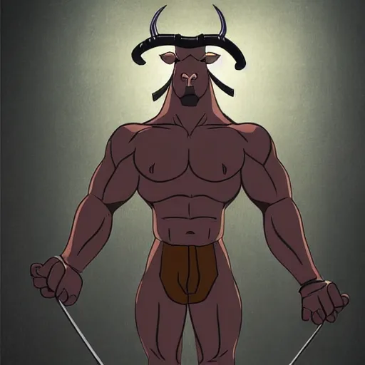 Prompt: bull headed muscular man by studio ghibli, digital art, sharp focus, 4 k, ambient lighting, foggy
