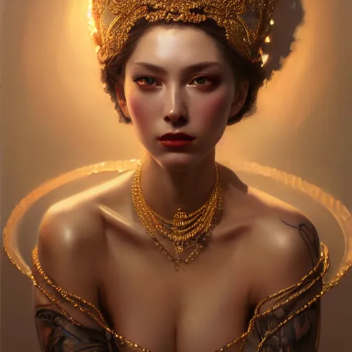 Image similar to expressive oil painting, of alluring european princess, seductive look, smirking, smooth glowing skin, glistening body, love, adoration, sweat, tattoos, ornate headpiece made from beads, glamour shot, by yoshitaka amano, by greg rutkowski, digital art, octane render, artstation, grunge aesthetic