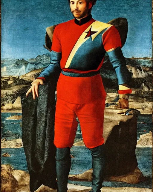 Prompt: starfleet uniform, a knight of the round table in starfleet uniform, by agnolo bronzino and giovanni bellini