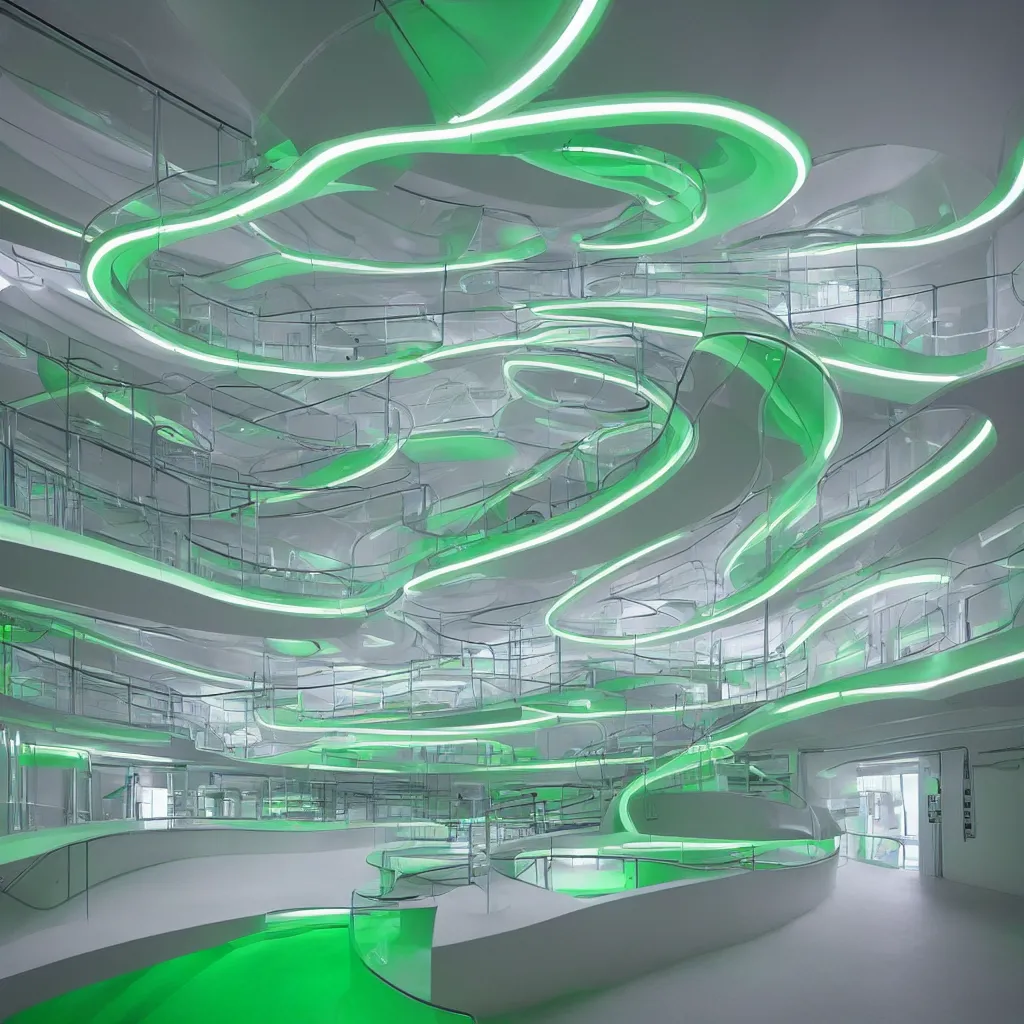 Prompt: “ a visually impressive interior smoothly fluid curve structure of a research laboratory in bio luminescent with algae, soft clean lines and satisfying forms, highly detailed in 4 k ”