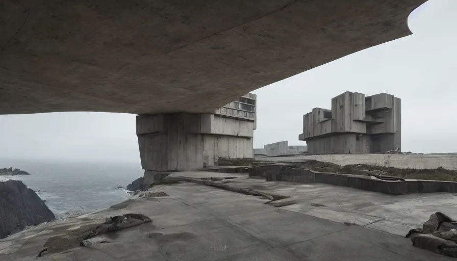 Image similar to big brutalist imperial military base on cliffs, drawing architecture, very long shot, top angle, imperial architecture in rogue one, pritzker architecture prize, brutalism architecture, jan urschel, greig fraser