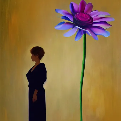 Image similar to huge flower as head, woman standing in a luxury apartment, surreal, dramatic light, impressionist painting, digital painting, artstation, georgia o'keeffe