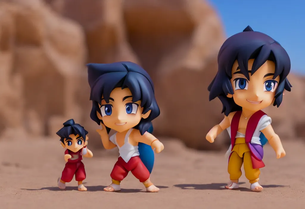 Prompt: side view of young aladdin as nendoroid running in desert village, 8 k hd dof, kodak film,