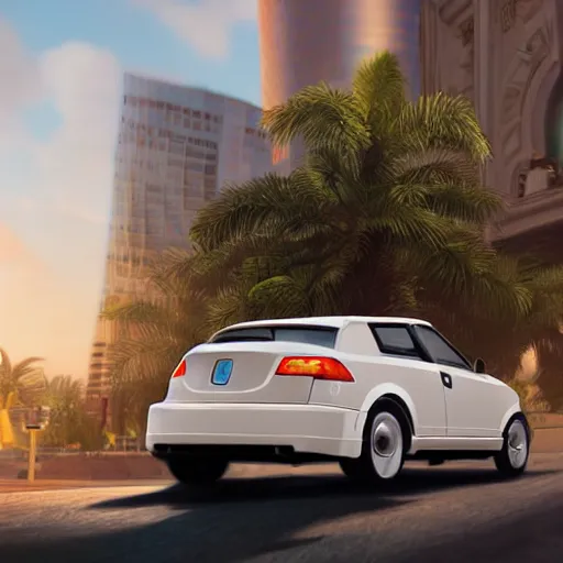 Image similar to a photorealistic image of bichon frise riding in the back on an uber through Hollywood at dusk. This 4K HD image is Trending on Artstation, featured on Behance, well-rendered, extra crisp, features intricate detail and the style of Unreal Engine.