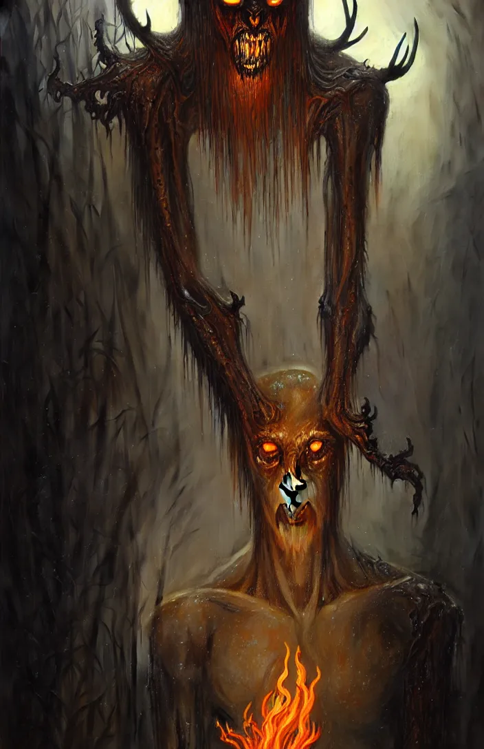 Image similar to translucent Wendigo with flaming eyes, veiled in mist, heroic lighting, dark fantasy, intricate, elegant, highly detailed, lifelike, photorealistic, digital painting, artstation, illustration, concept art, smooth, sharp focus, art by John Collier and Albert Aublet and Krenz Cushart and Artem Demura and Alphonse Mucha