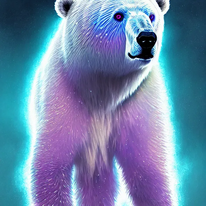 Image similar to bright psychedelic fluffy hairy cyborg polar bear, diffuse lighting, fantasy, intricate, elegant, highly detailed, lifelike, photorealistic, digital painting, artstation, illustration, concept art, smooth, sharp focus, art by John Collier and Albert Aublet and Krenz Cushart and Artem Demura and Alphonse Mucha