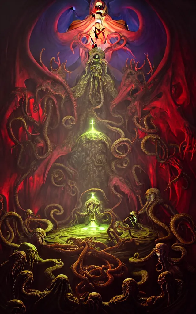Prompt: hyperrealistic photorealisitc hyperdetailed detailed group circle of pope priest necromancer invoking a in front of a cthulhu, atmospheric lighting, painted, intricate, volumetric lighting, beautiful, rich deep colors masterpiece, sharp focus, ultra detailed by leesha hannigan, ross tran, thierry doizon, kai carpenter, ignacio fernandez rios