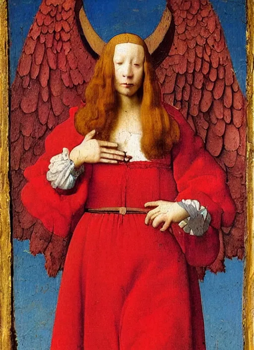 Image similar to Flying Fallen Angel with wings dressed in red, Medieval painting by Jan van Eyck, Johannes Vermeer, Florence