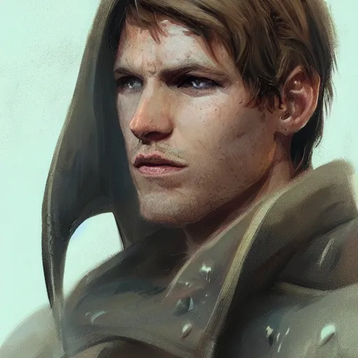 Prompt: portrait of a man by Greg Rutkowski, Cade Skywalker from Star Wars Expanded Universe, he is about 30 years old, messy blond hair, wearing a leather jacket, highly detailed portrait, digital painting, artstation, concept art, smooth, sharp foccus ilustration, Artstation HQ