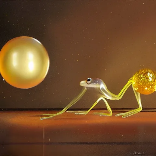 Prompt: long shot of a cute clear glass frog paying with a big golden metal ball, concept art, by esao andrews, by m. w. kaluta, by pixar, volumetric light, rich colors, very humorous oil painting, realistic reflections, smooth, depth perception, high depth of field, 4 k, unreal engine 5, ultradetailed, hyperrealistic, artstation