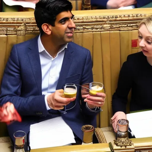 Prompt: Liz truss and Rishi sunak at parliament drinking barrells of oil. Daily Telegraph.