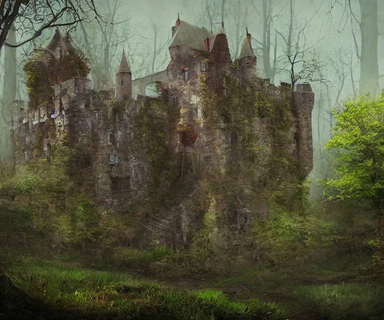 Image similar to old rundown castle in the middle of a haunted forest, foggy, high fantasy, colorful flowers, aged vegetation, photorealism, symmetry