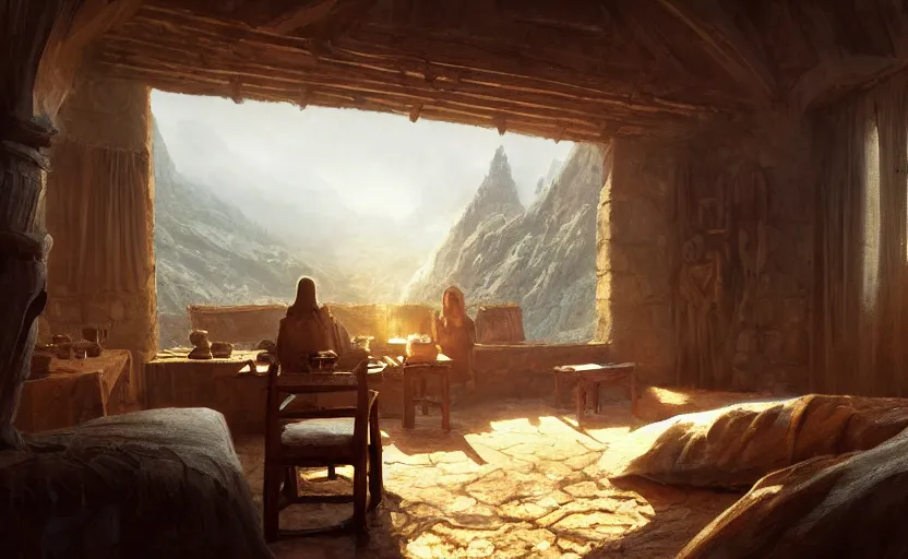 Prompt: painting of a series of living quarters overlooking communal area carved inside a mountain, cozy bed, well maintained, clean, medieval, fantasy genre, natural light, fantasy, natural light, concept art, by greg rutkowski and craig mullins, cozy atmospheric and cinematic lighting, trending on artstation