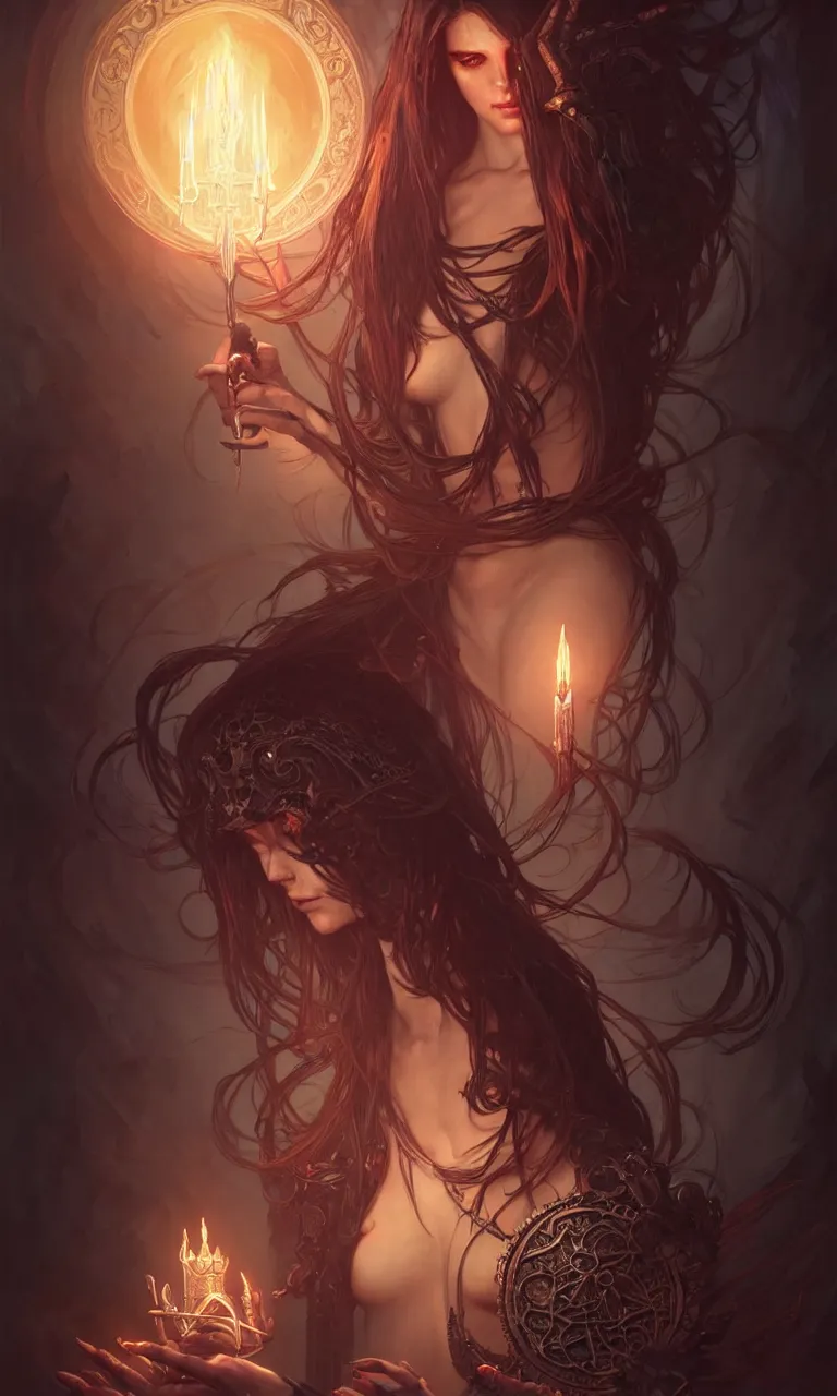 Image similar to Necromancer Sorceress in center, fantasy magic, undercut hairstyle, dark light night, intricate, elegant, sharp focus, illustration, highly detailed, digital painting, concept art, matte, art by WLOP and Artgerm and Greg Rutkowski and Alphonse Mucha, masterpiece