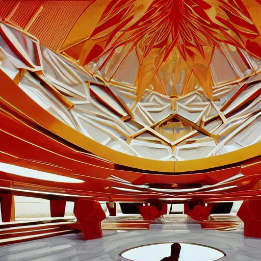 Prompt: interior of a futuristic organic temple with gold, red and white marble panels, in the desert, by buckminster fuller and syd mead, intricate contemporary architecture, photo journalism, photography, cinematic, national geographic photoshoot