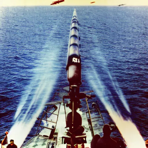 Prompt: view from the deck of a batteship firing a broadside, kamikaze planes diving, world war ii, high resolution colour photo