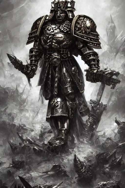 Image similar to god of empire, warhammer 4 0 k, concept art, ornate, digital art, illustration, artstation, full body, muscular, brutal, virile, masculine, military, warhammer chaos, fashwave