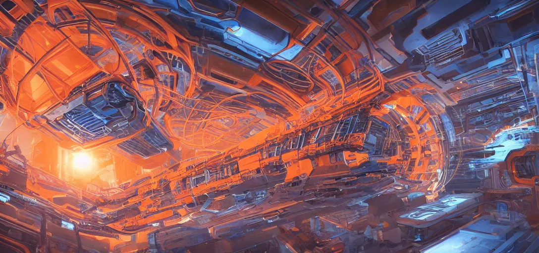 Image similar to epic sci - fi mothership interior and exteror - machinery, tubes wires path intricate high detail matte painting masterpiece orange blue warm tones quiet