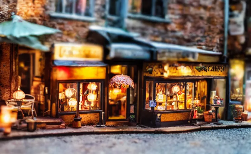 Image similar to miniature cafe diorama macro photography, cafe for mice, alleyway, ambient, atmospheric, british, bokeh, romantic, colorful paper lanterns