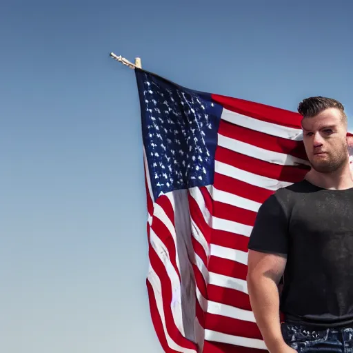 Prompt: daizy duke posing against the American flag, wide shot, realistic, 8k resolution, hyperdetailed, highly detailed, real life, outside lighting, high quality, photo