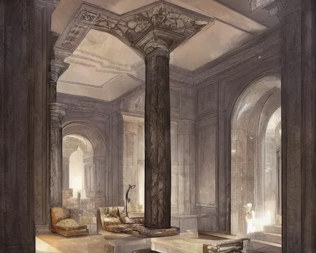 Image similar to a luxury hotel! suite room in the style of roman empire architecture, art by greg rutkowski and artgerma, stunning! concept art, interior! design