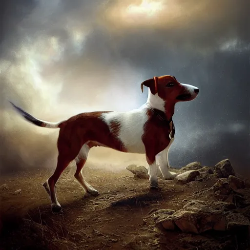 Image similar to hyperrealistic mixed media high resolution painting of a Jack Russell Terrier riding a horse into the Civil War, stunning 3d render inspired art by István Sándorfi and Greg Rutkowski and Unreal Engine, perfect symmetry, dim volumetric lighting, 8k octane beautifully detailed render, post-processing, extremely hyper-detailed, intricate, epic composition, highly detailed attributes, highly detailed atmosphere, cinematic lighting, masterpiece, trending on artstation, very very detailed, masterpiece, stunning, flawless structure, lifelike texture, perfection,