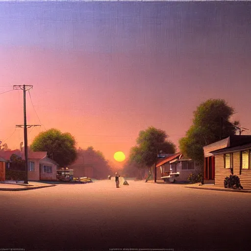 Image similar to a detailed cinematic render of a utopian 1 9 5 0 s american neighborhood at sunset by steven outram, photoreal