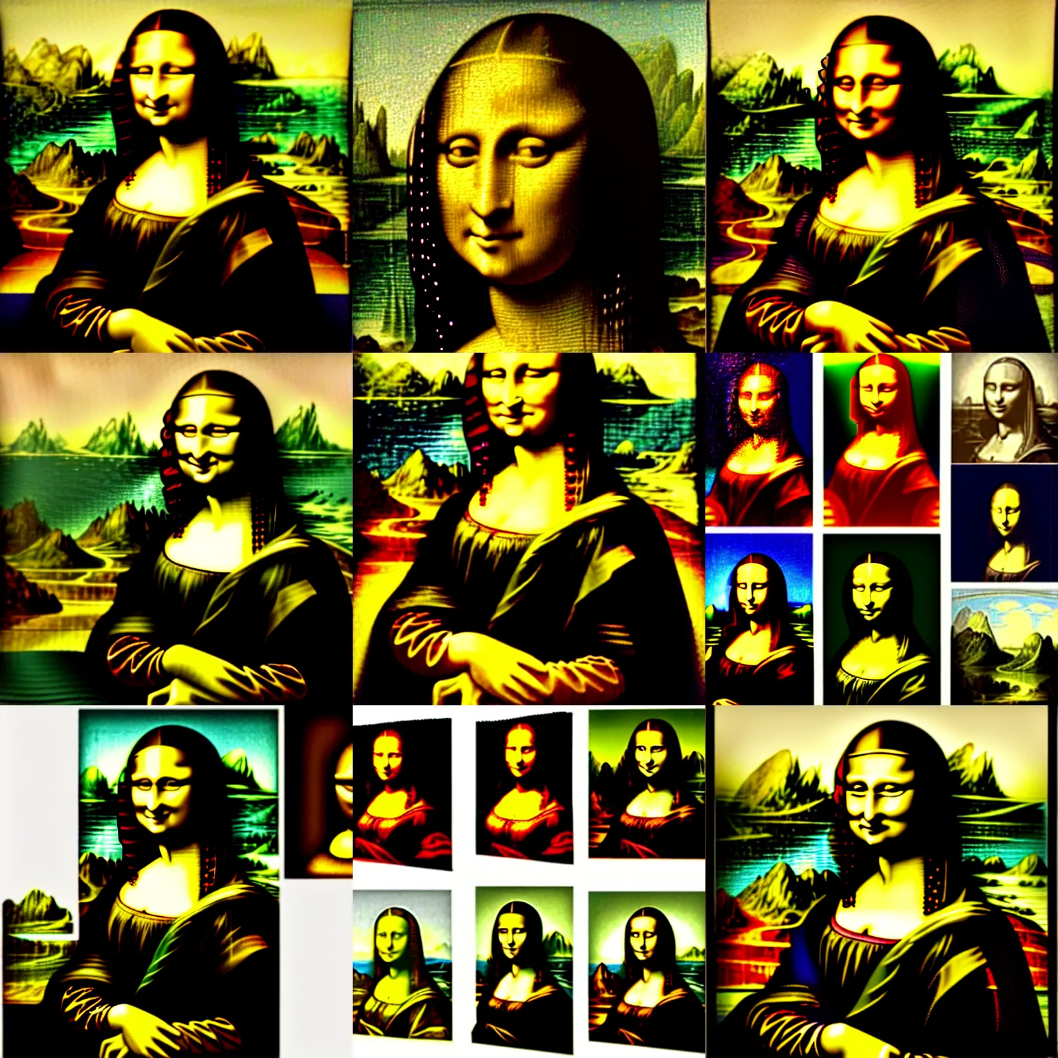 Image similar to picture divided into four equal areas. each area contains a different image of of The Mona Lisa by various painters