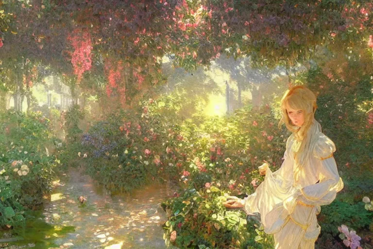 Image similar to a beautiful painting of a garden, ray of light, warm, shimmering and prismatic, rococo, by krenz cushart and mucha and monet, trending on artstation.