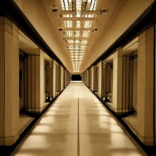 Image similar to very long hallway with some lights on, a tilt shift photo by ricardo bofill, trending on pinterest, modernism, art deco, high dynamic range, hall of mirrors