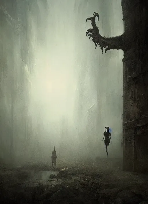 Image similar to a creepy atmospheric painting of a slender humanoid minotaur creature emerging from the mist. painting by greg rutkowski and hr giger.