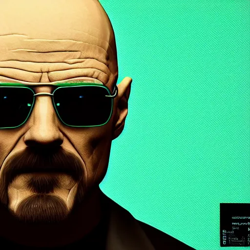 Prompt: walter white, green matrix lines of code, black sunglasses, trending on artstation, CGSociety, Unreal Engine, Blender