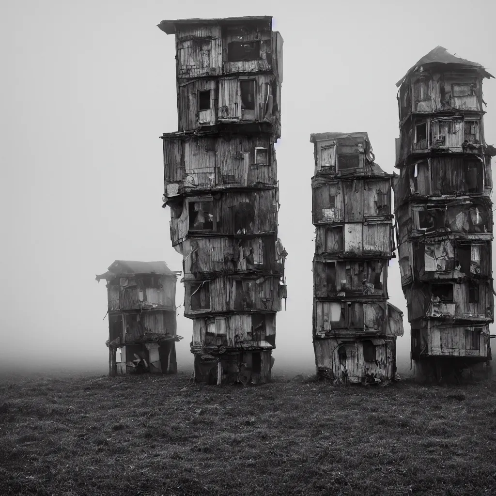 Prompt: two towers, made up of makeshift squatter shacks, uneven dense fog, dystopia, hasselblad x 1 d, fully frontal view, photographed by jeanette hagglund