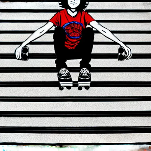 Image similar to skater girl sitting on steps by scott pilgrim, by bryan lee o'malley